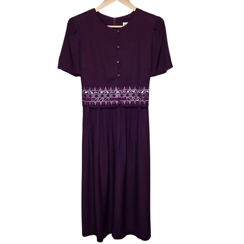 Peri Petites Dark Purple Embroidered Midi Dress Tie Back Size 10 Cottage Vintage